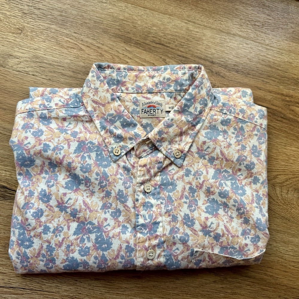 Faherty Hawaiian Shirt Mens Medium Short Sleeve Breeze Summer Floral Hemp Blend